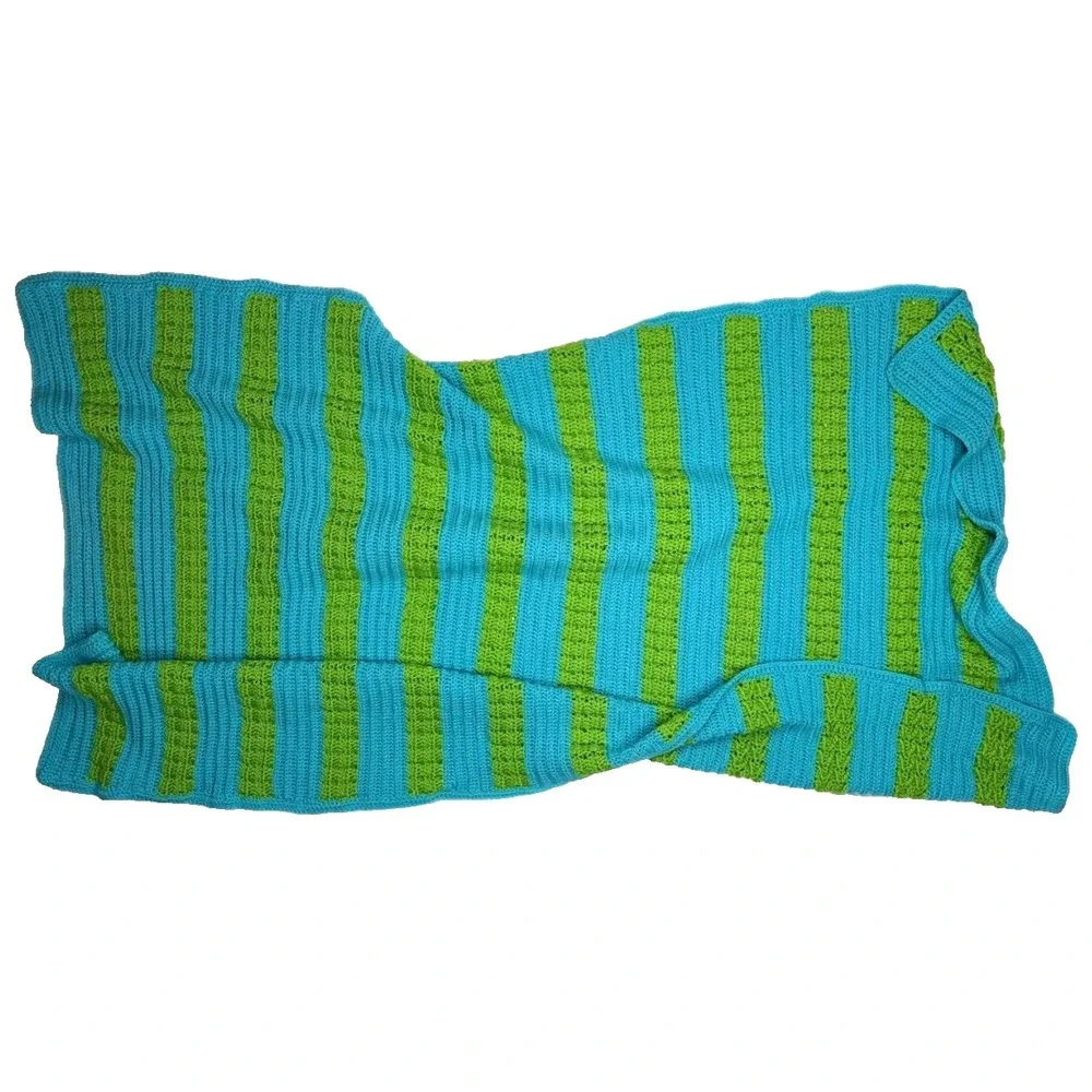 Handmade Crochet Turquoise Lime Green Striped Throw Blanket Soft 45x70‎ Blue